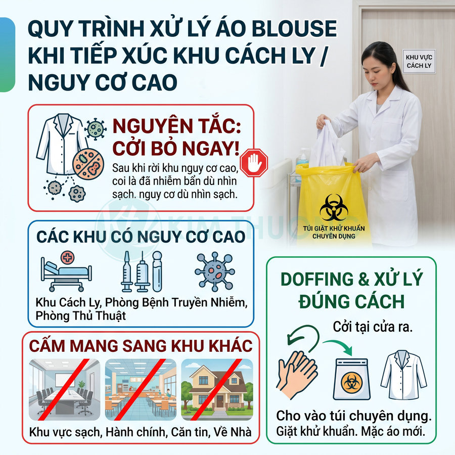 Nhân viên y tế cởi áo blouse sau khi rời khu cách ly và cho vào túi giặt khử khuẩn chuyên dụng