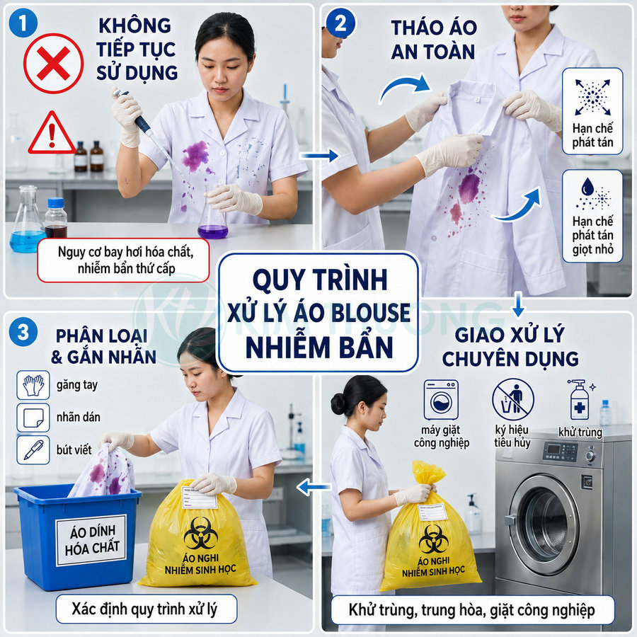 Quy trình xử lý áo blouse dính hóa chất trong phòng thí nghiệm với túi rác y tế và máy giặt công nghiệp