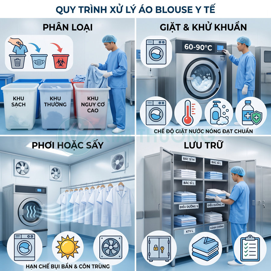 Quy trình giặt sấy và lưu trữ áo blouse y tế trong bệnh viện đảm bảo sạch khuẩn an toàn