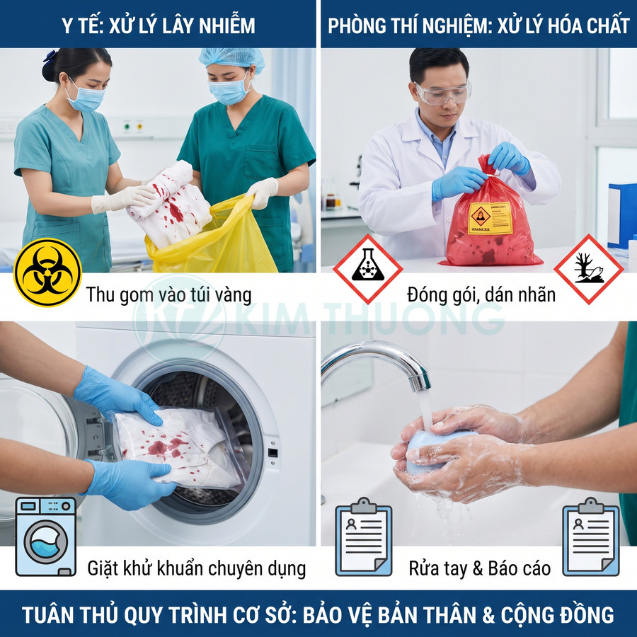 Quy trình xử lý đồ vải nhiễm khuẩn và hóa chất tại cơ sở y tế, từ thu gom đến giặt khử khuẩn và rửa tay