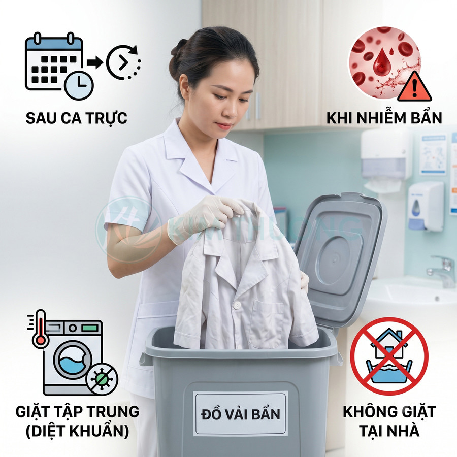 Nhân viên y tế cho áo blouse bẩn vào thùng đồ vải bẩn trong phòng khám, hướng dẫn giặt khử khuẩn an toàn
