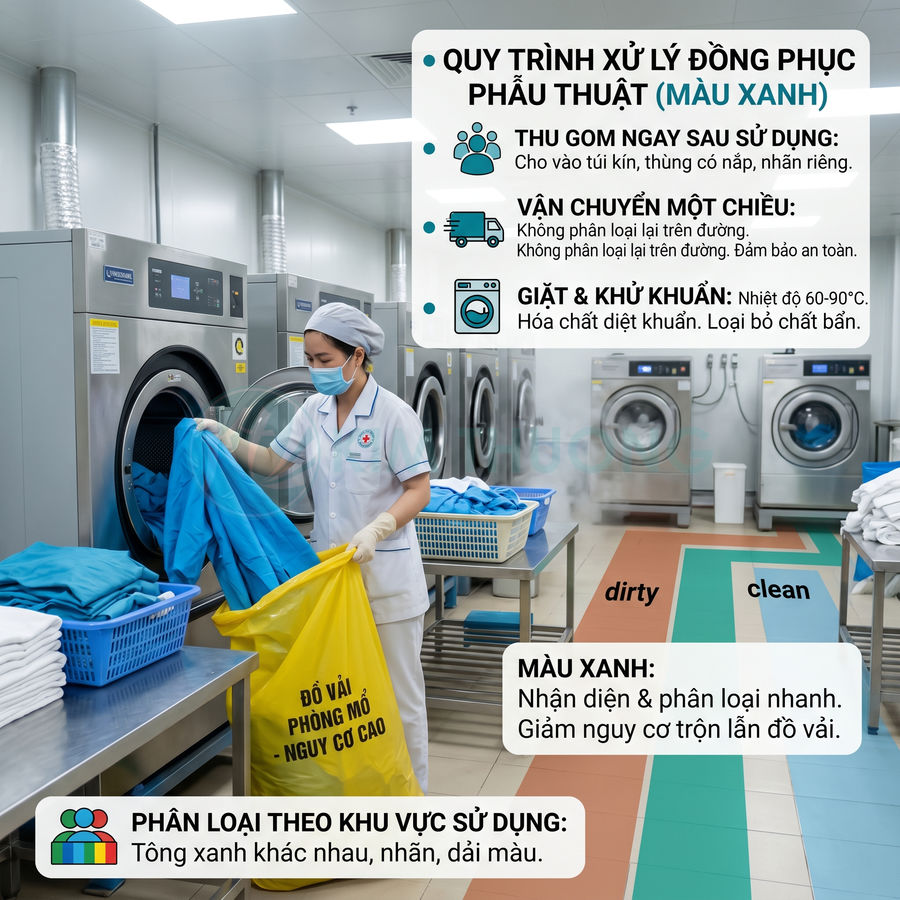Nhân viên y tế xử lý và phân loại đồng phục phẫu thuật màu xanh trong phòng giặt khử khuẩn bệnh viện