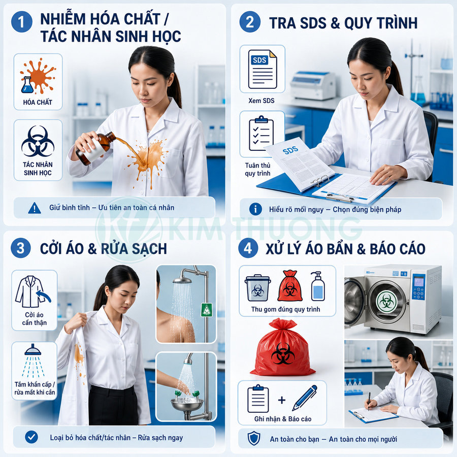 Quy trình xử lý khi bị đổ hóa chất trong phòng thí nghiệm với kỹ thuật viên và hướng dẫn an toàn chi tiết