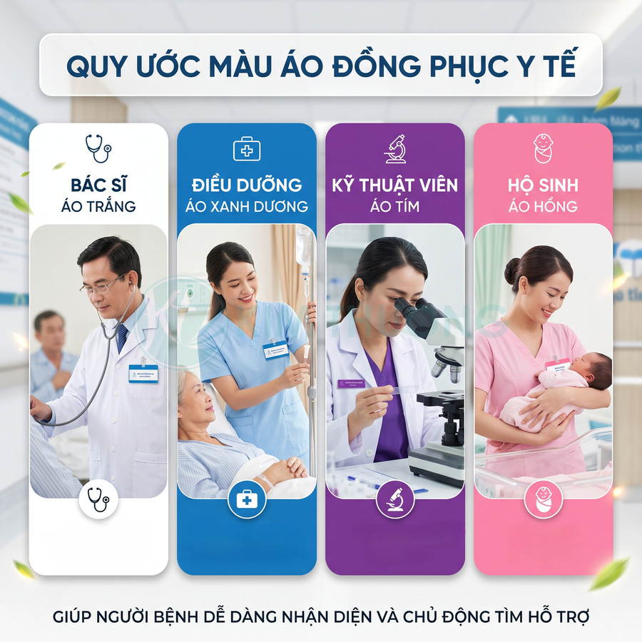Quy ước màu áo đồng phục y tế cho bác sĩ áo trắng, điều dưỡng áo xanh, kỹ thuật viên áo tím, hộ sinh áo hồng