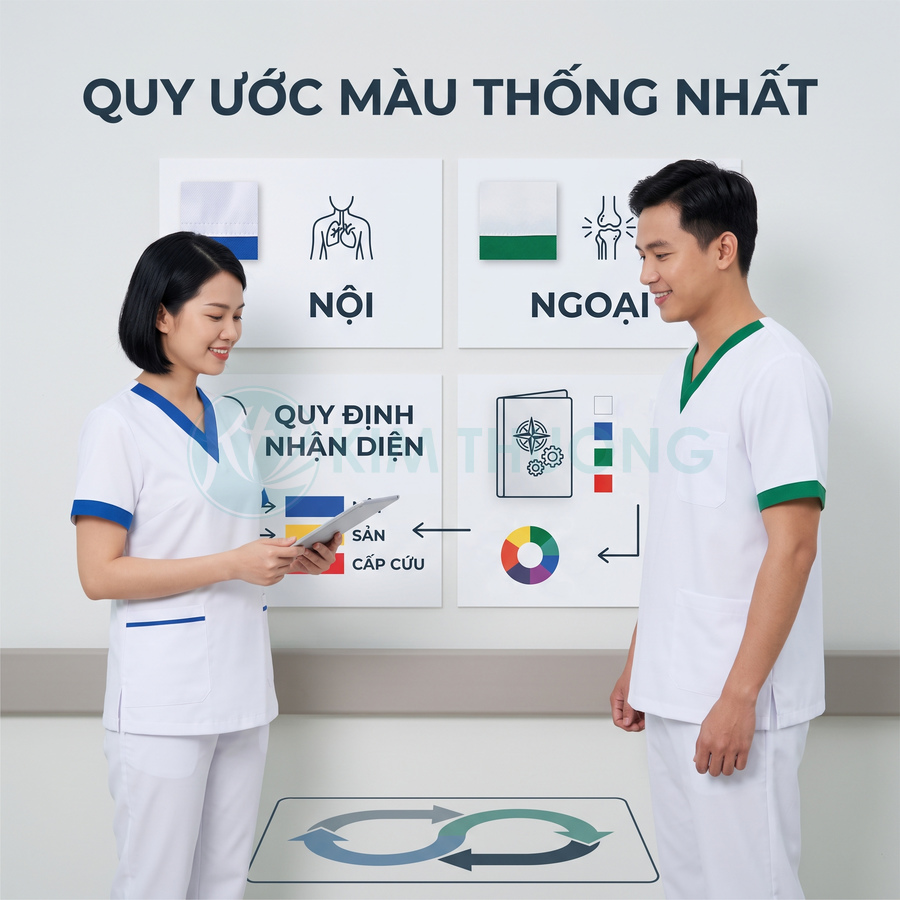 Nhân viên y tế mặc đồng phục trắng viền xanh đứng trao đổi trước bảng quy ước màu khoa nội ngoại