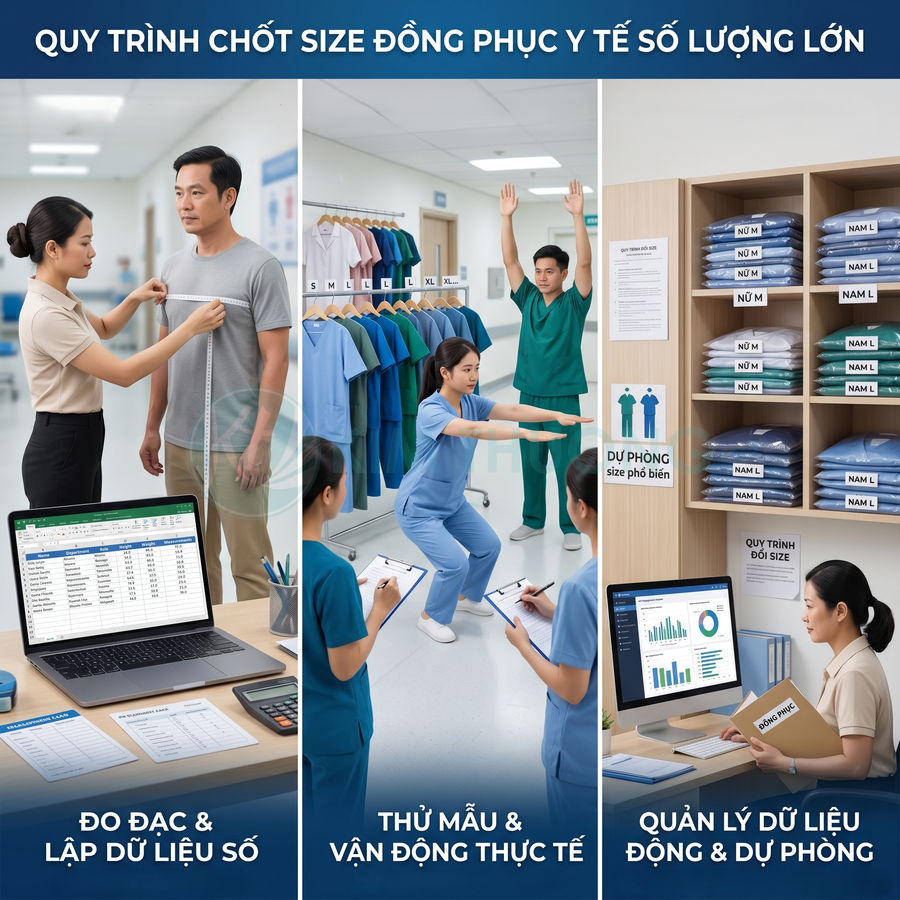 Quy trình đo size, thử mẫu và quản lý dữ liệu cho đồng phục y tế số lượng lớn trong bệnh viện
