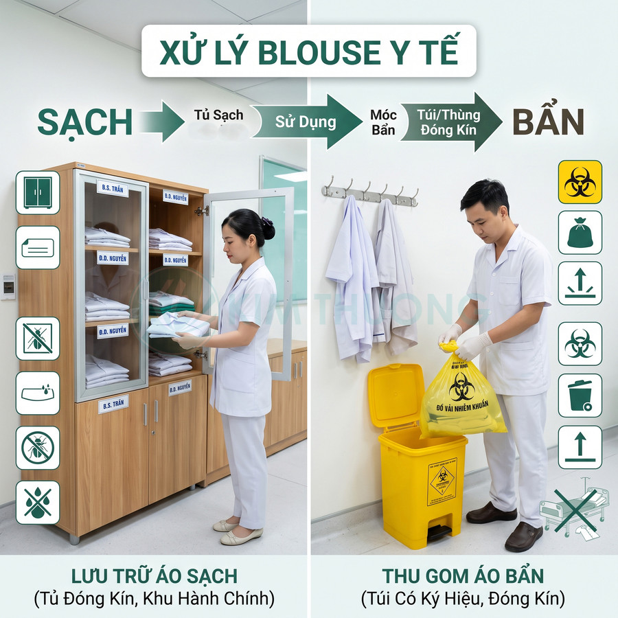 Quy trình xử lý áo blouse y tế với nhân viên lưu trữ áo sạch và thu gom áo bẩn vào thùng rác y tế