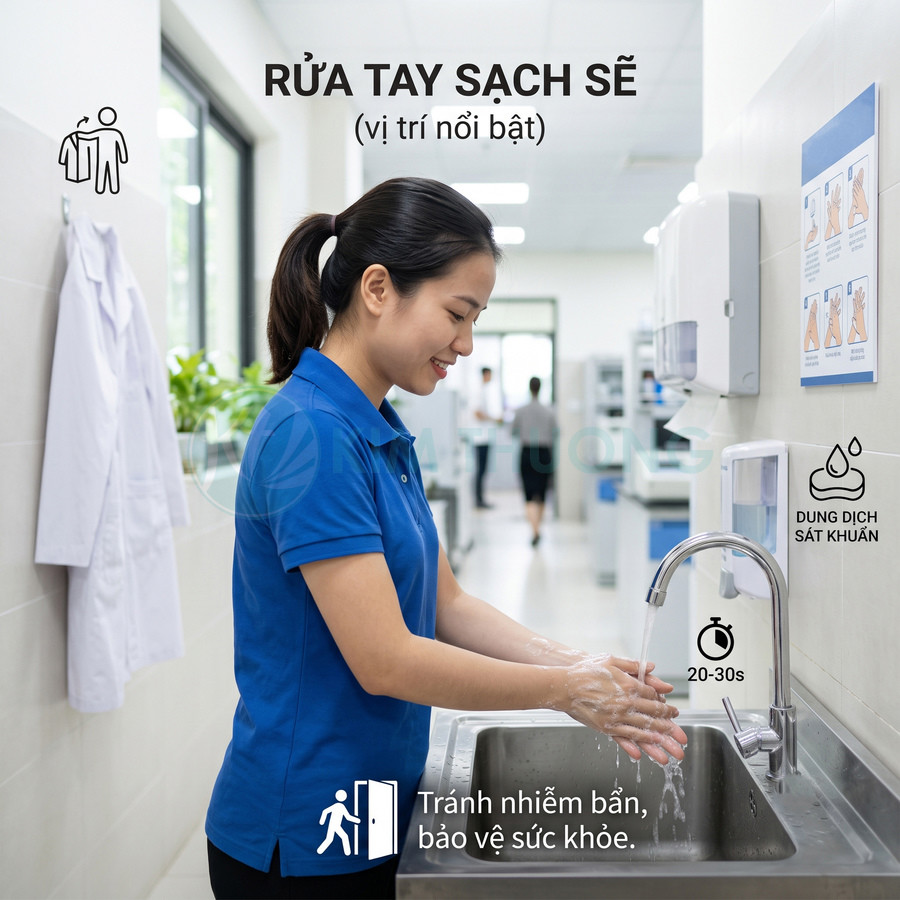 Nhân viên y tế rửa tay bằng dung dịch sát khuẩn tại bồn rửa trong bệnh viện