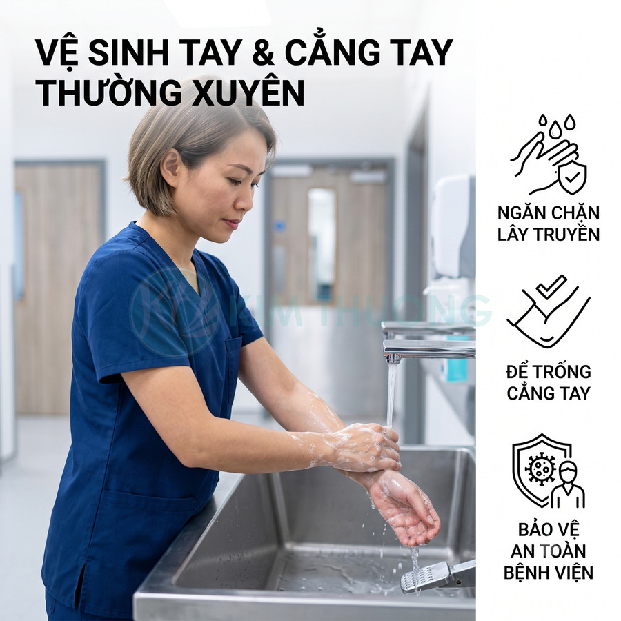 Nhân viên y tế rửa tay và cẳng tay dưới vòi nước trong bệnh viện để phòng ngừa lây nhiễm