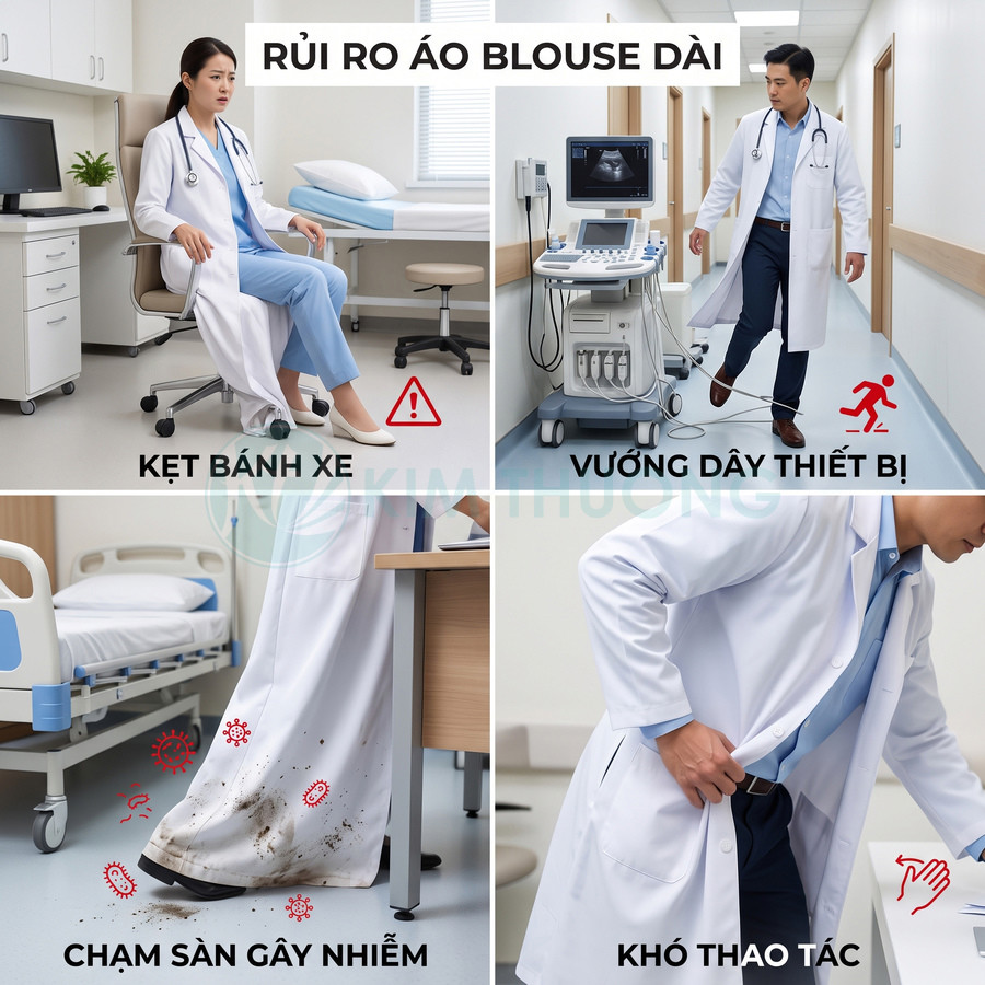 Bác sĩ mặc áo blouse dài gặp rủi ro kẹt bánh xe, vướng dây thiết bị, chạm sàn bẩn và khó thao tác trong bệnh viện