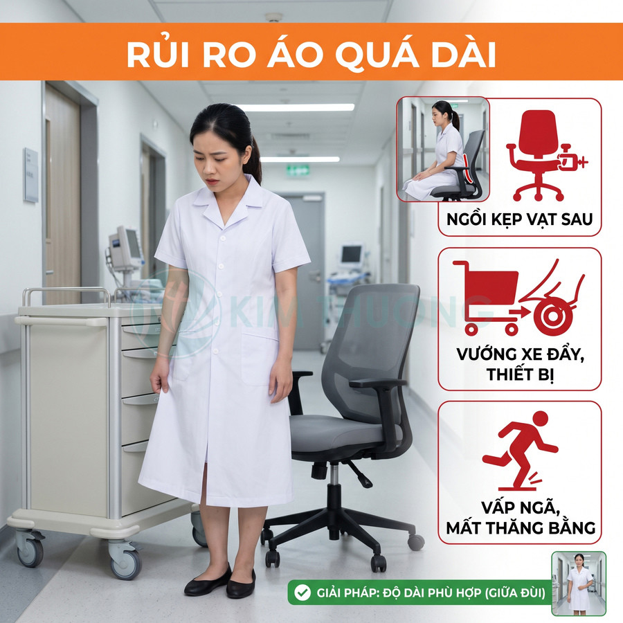 Áo blouse y tế quá dài gây vướng xe đẩy, ghế xoay và nguy cơ vấp ngã trong bệnh viện