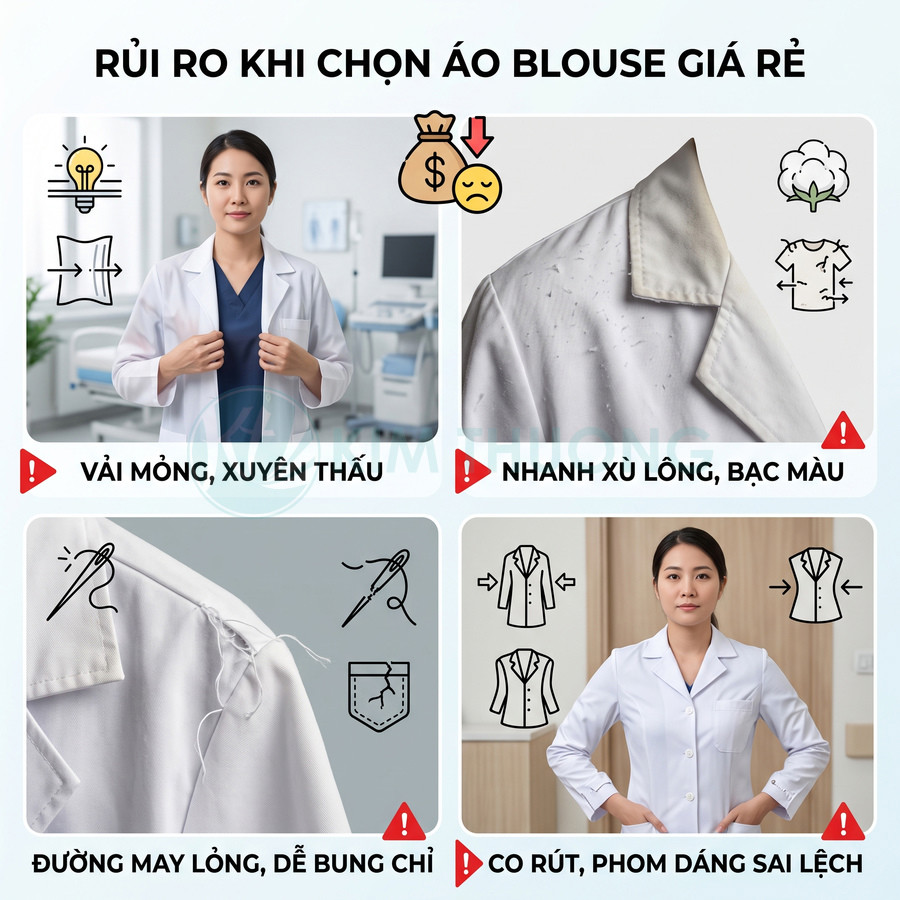 Rủi ro khi chọn áo blouse giá rẻ với vải mỏng, nhanh xù lông, đường may lỏng và dễ co rút phom dáng