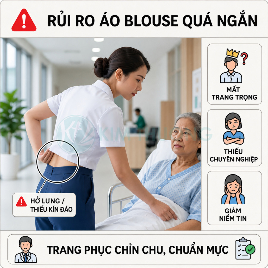 Áo blouse y tá quá ngắn làm hở lưng khi chăm sóc bệnh nhân nữ lớn tuổi trên giường bệnh