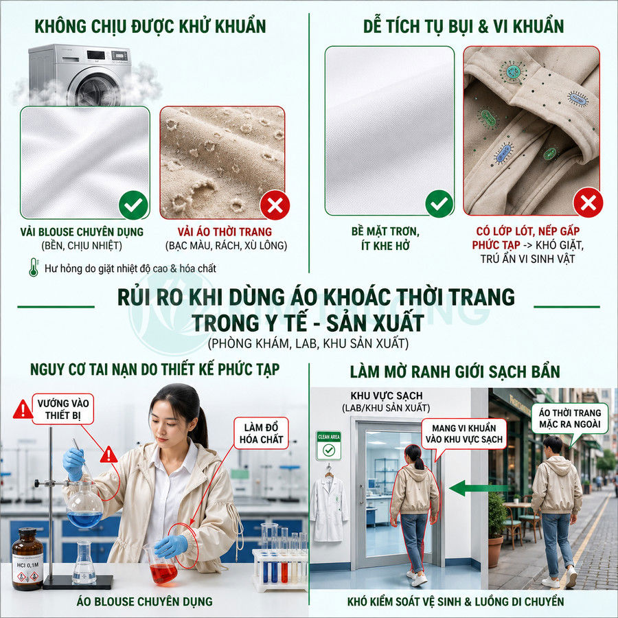 So sánh áo blouse chuyên dụng và áo khoác thời trang về an toàn, vệ sinh trong môi trường y tế và phòng thí nghiệm