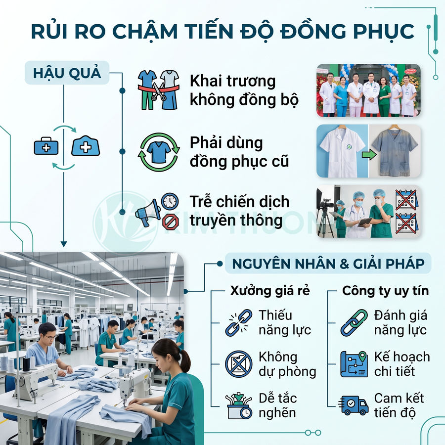 Infographic rủi ro chậm tiến độ may đồng phục y tế và giải pháp chọn xưởng may uy tín