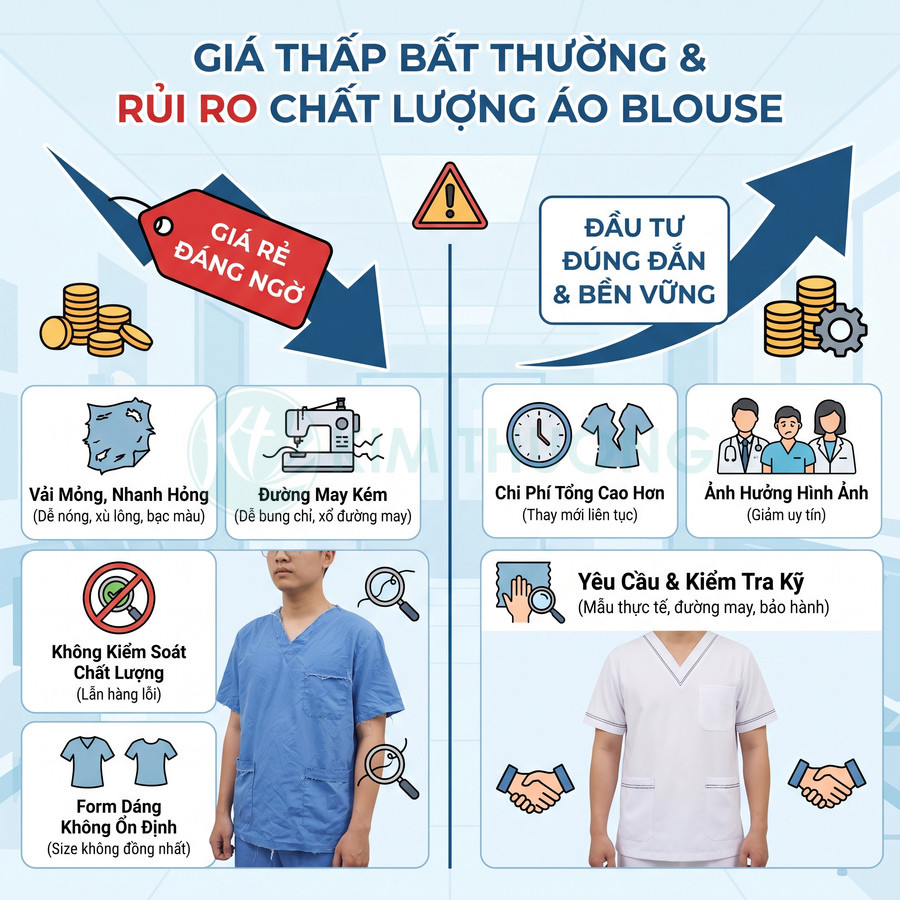 Áo blouse y tế giá rẻ có thể bị mỏng, đường may kém và form dáng không ổn định