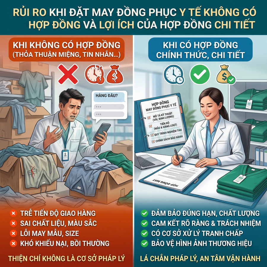 So sánh rủi ro khi may đồng phục y tế không hợp đồng và lợi ích khi ký hợp đồng chi tiết