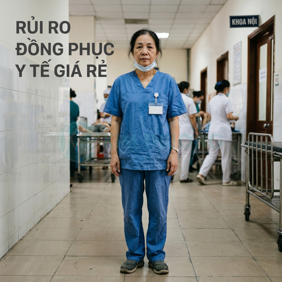 Nhân viên y tế mặc đồng phục bệnh viện màu xanh đứng trong hành lang khoa nội