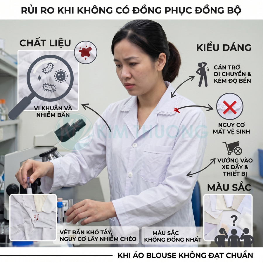 Nhân viên phòng thí nghiệm mặc áo blouse trắng kém chất lượng đang thao tác với ống nghiệm trên bàn kính hiển vi