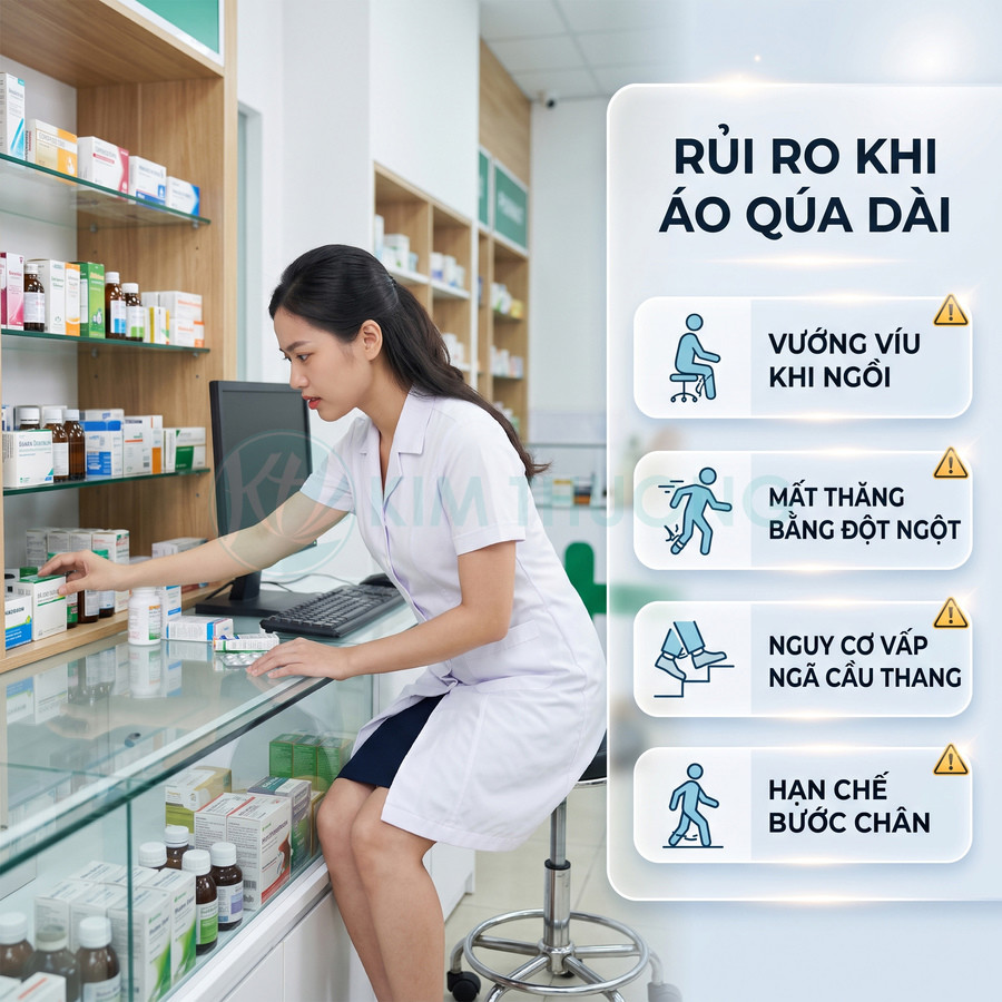 Dược sĩ mặc áo blouse ngắn gọn gàng làm việc tại quầy thuốc, minh họa rủi ro khi áo quá dài