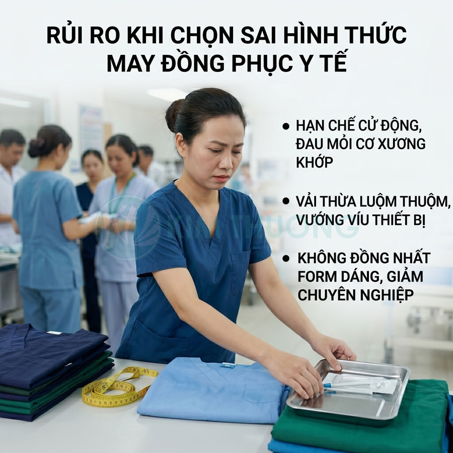 Nhân viên y tế mặc đồng phục màu xanh đang gấp áo blouse cạnh thước dây và quần áo bệnh viện xếp chồng