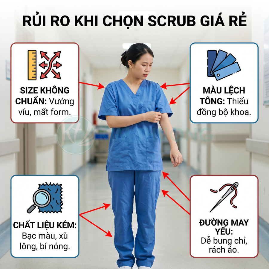 Nhân viên y tế mặc bộ scrub xanh giá rẻ với size lệch, chất liệu kém và đường may yếu trong hành lang bệnh viện