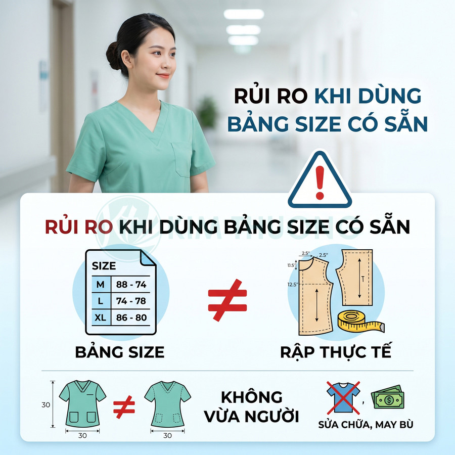 Đồng phục y tá màu xanh mint và minh họa rủi ro khi chọn size sẵn không khớp rập may thực tế