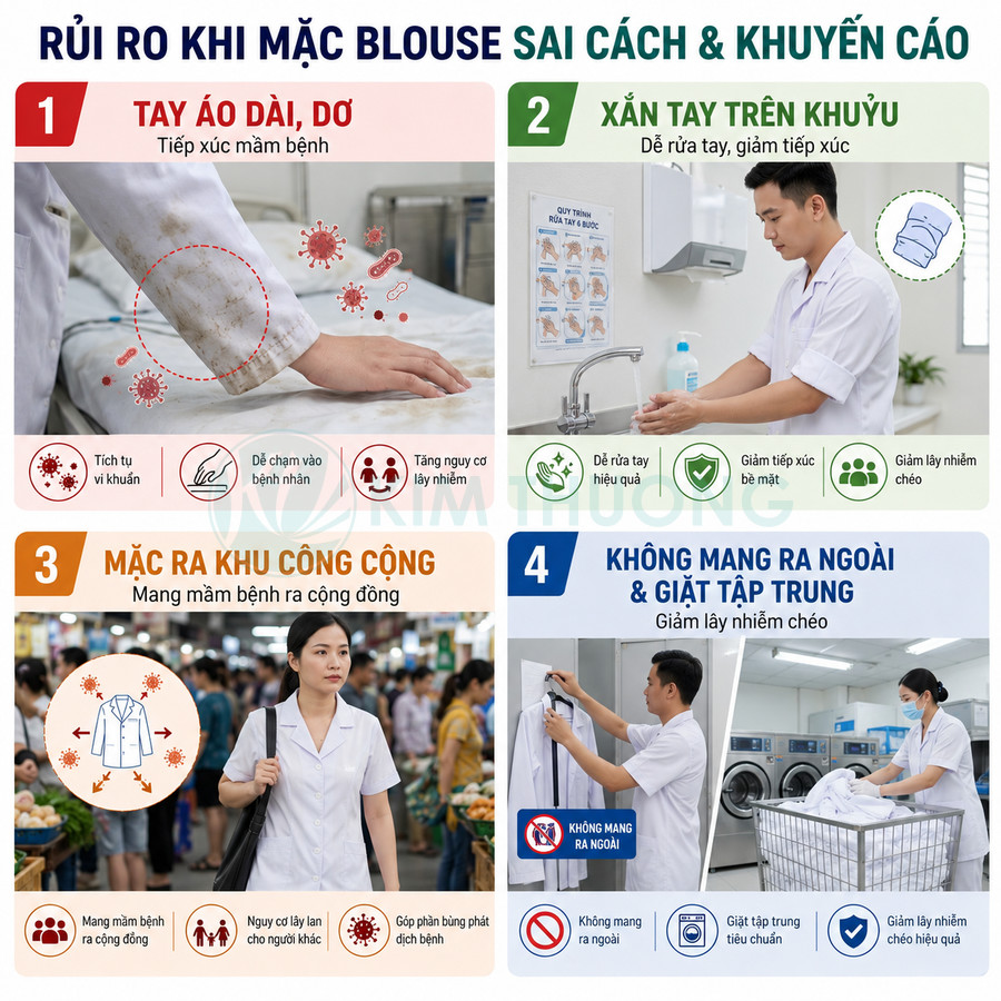 Infographic hướng dẫn mặc áo blouse đúng cách để giảm nguy cơ lây nhiễm và mang mầm bệnh ra cộng đồng