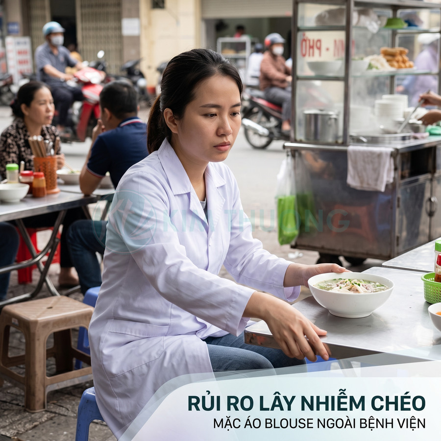 Nữ nhân viên y tế mặc áo blouse trắng ăn phở tại quán vỉa hè đông người
