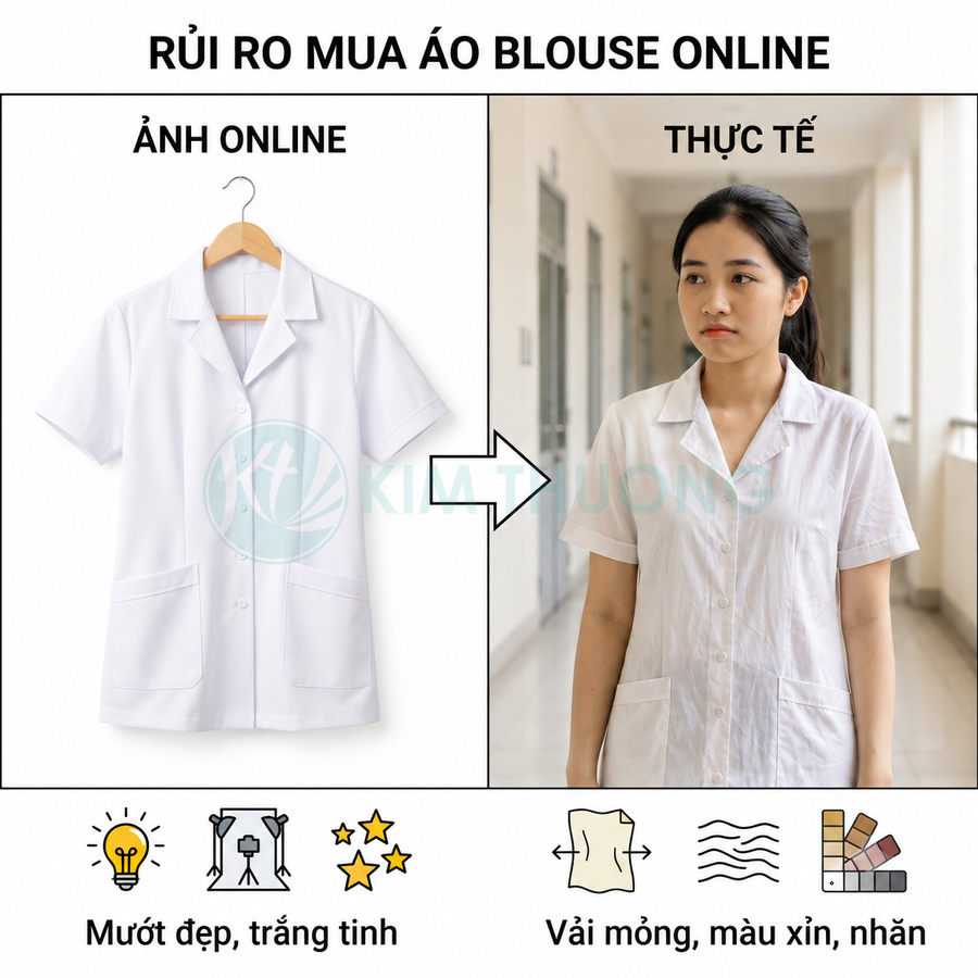 So sánh áo blouse trắng quảng cáo online mượt đẹp với áo blouse thực tế vải mỏng nhăn trên người mặc