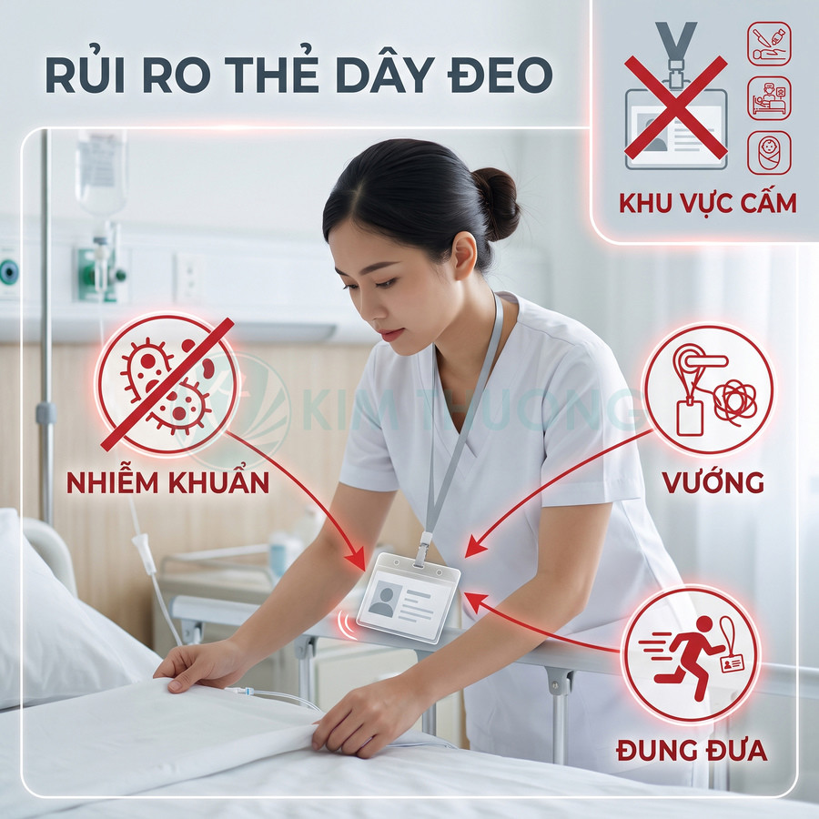 Nữ y tá đeo thẻ dây trước ngực chăm sóc giường bệnh với cảnh báo nguy cơ nhiễm khuẩn và vướng víu từ thẻ dây đeo