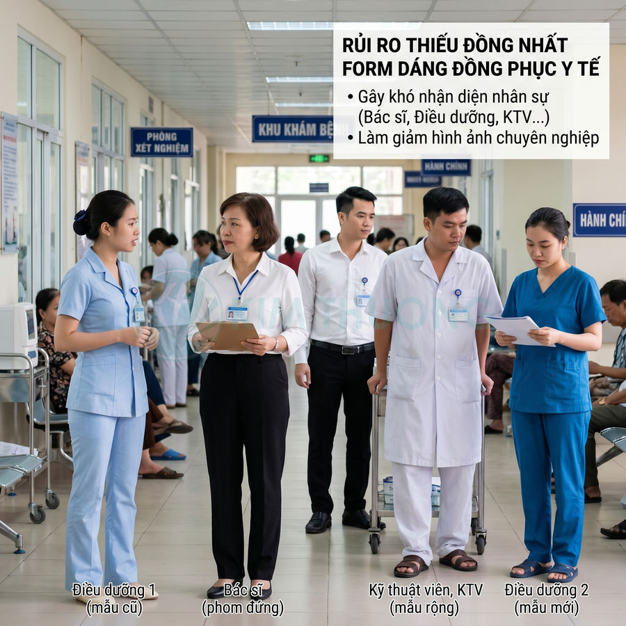 Nhân viên y tế mặc nhiều mẫu đồng phục khác nhau đứng trao đổi trong hành lang bệnh viện