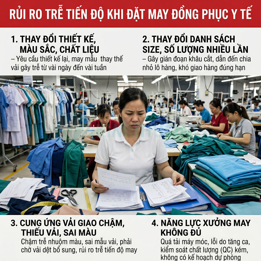 Công nhân xưởng may đồng phục y tế đang kiểm tra giấy tờ giữa các chồng áo blouse và quần áo bệnh viện