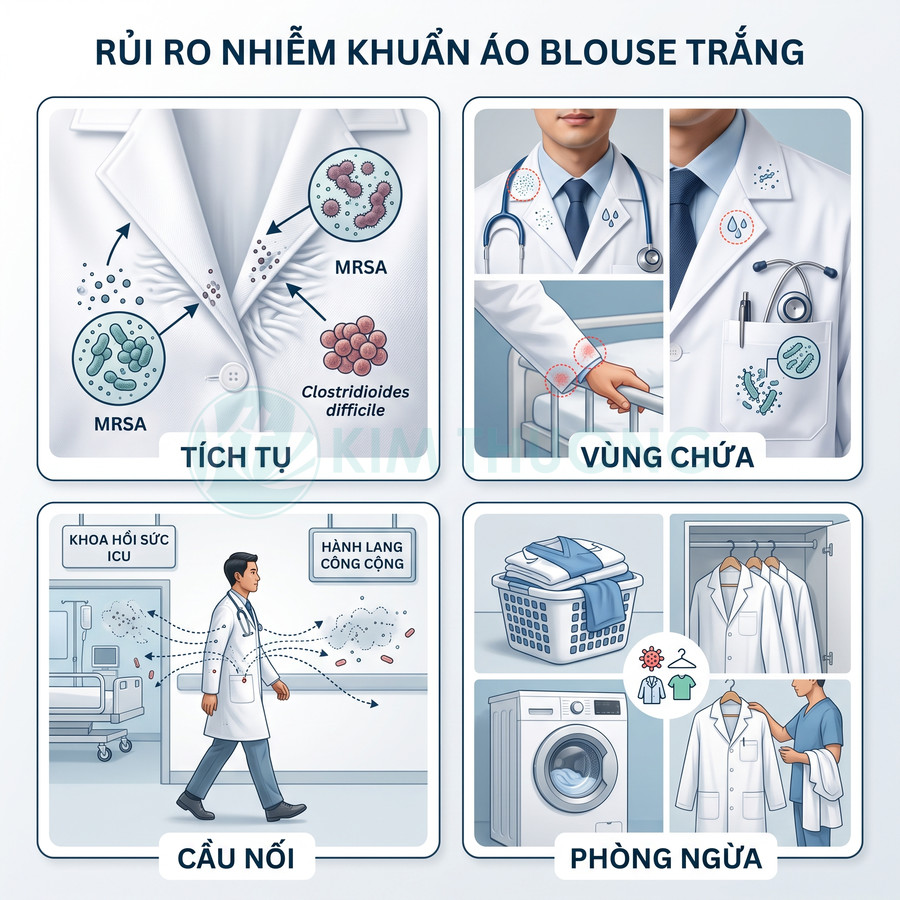 Minh họa nguy cơ nhiễm khuẩn trên áo blouse trắng bác sĩ và cách phòng ngừa qua giặt ủi, bảo quản sạch