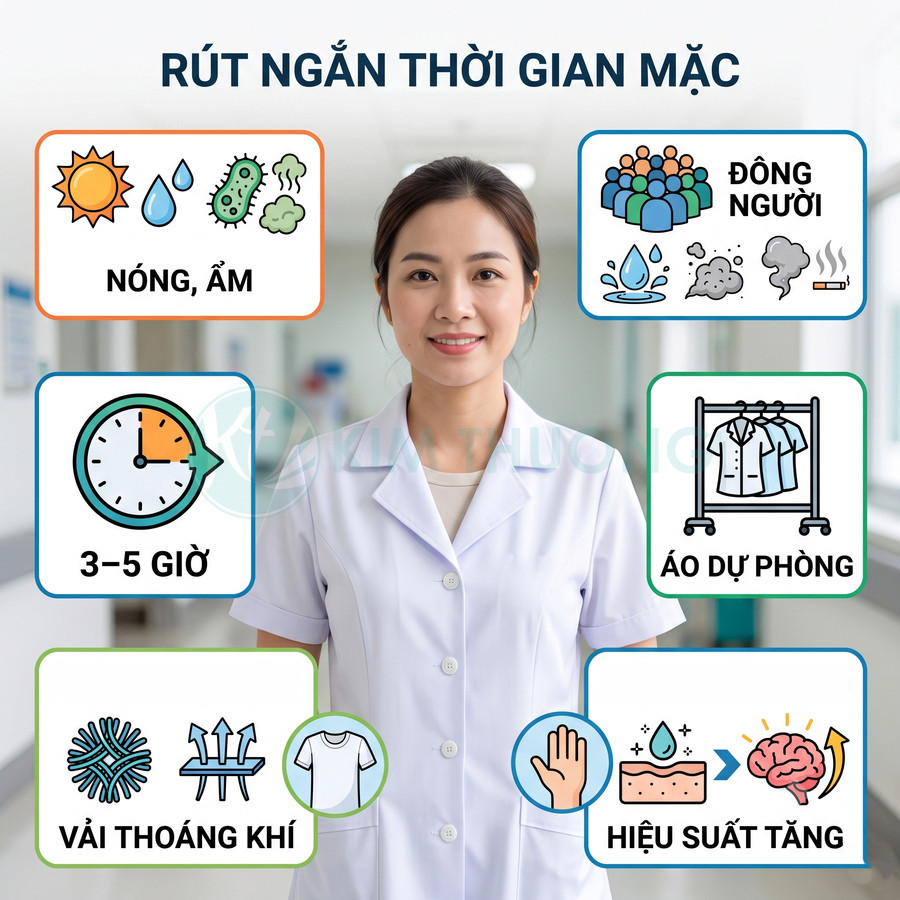 Nữ nhân viên y tế mặc áo blouse trắng đứng trong bệnh viện, minh họa lợi ích rút ngắn thời gian mặc đồ bảo hộ