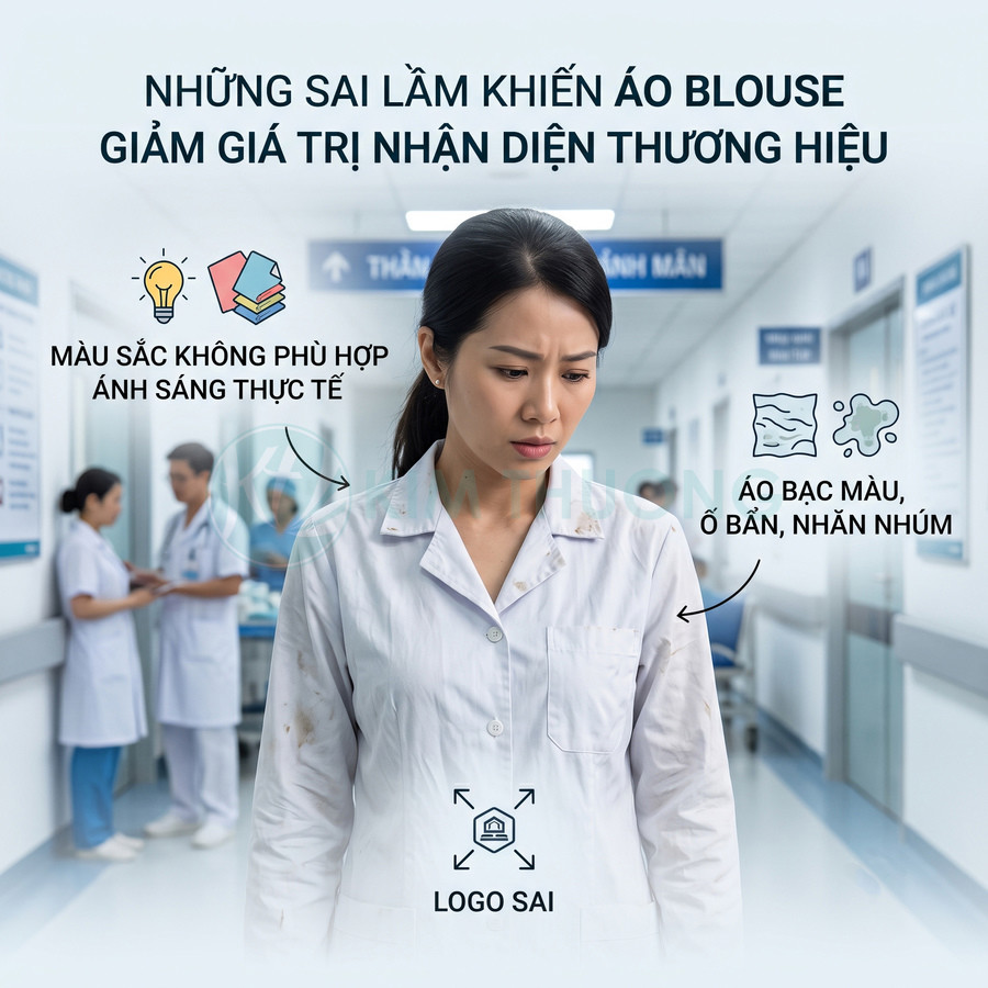 Nữ nhân viên y tế mặc áo blouse bạc màu, dính bẩn, logo sai trong hành lang bệnh viện