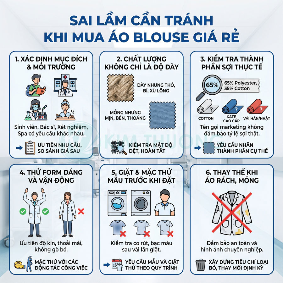 Infographic hướng dẫn 6 điều cần tránh khi mua áo blouse giá rẻ, từ kiểm tra chất liệu đến thử form dáng và giặt mẫu.