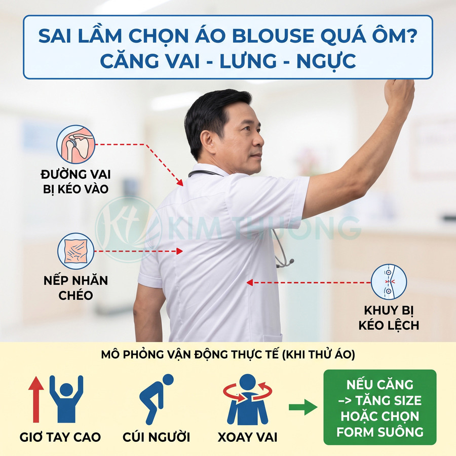 Bác sĩ nam mặc áo blouse trắng quá ôm gây căng vai lưng ngực và lệch khuy khi giơ tay