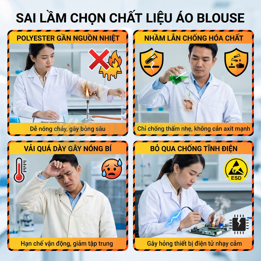 Áo blouse phòng thí nghiệm dễ nóng chảy gần lửa, không chịu axit mạnh, gây nóng bí và thiếu chống tĩnh điện