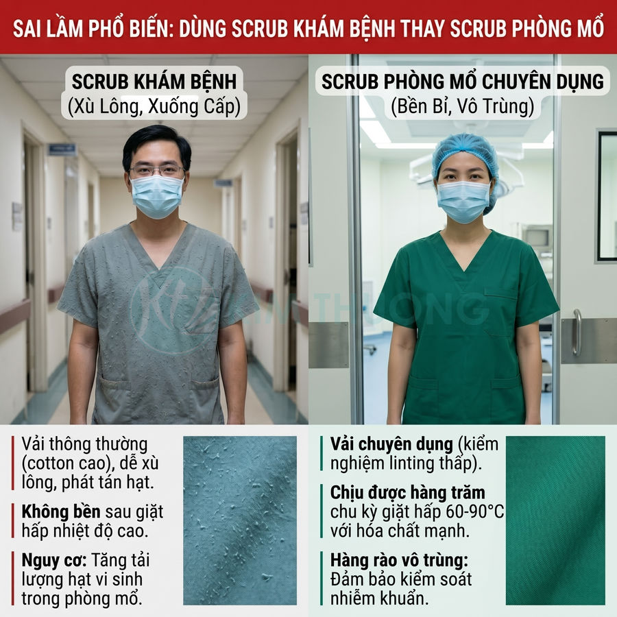 So sánh scrub khám bệnh xù lông và scrub phòng mổ chuyên dụng màu xanh cho nhân viên y tế