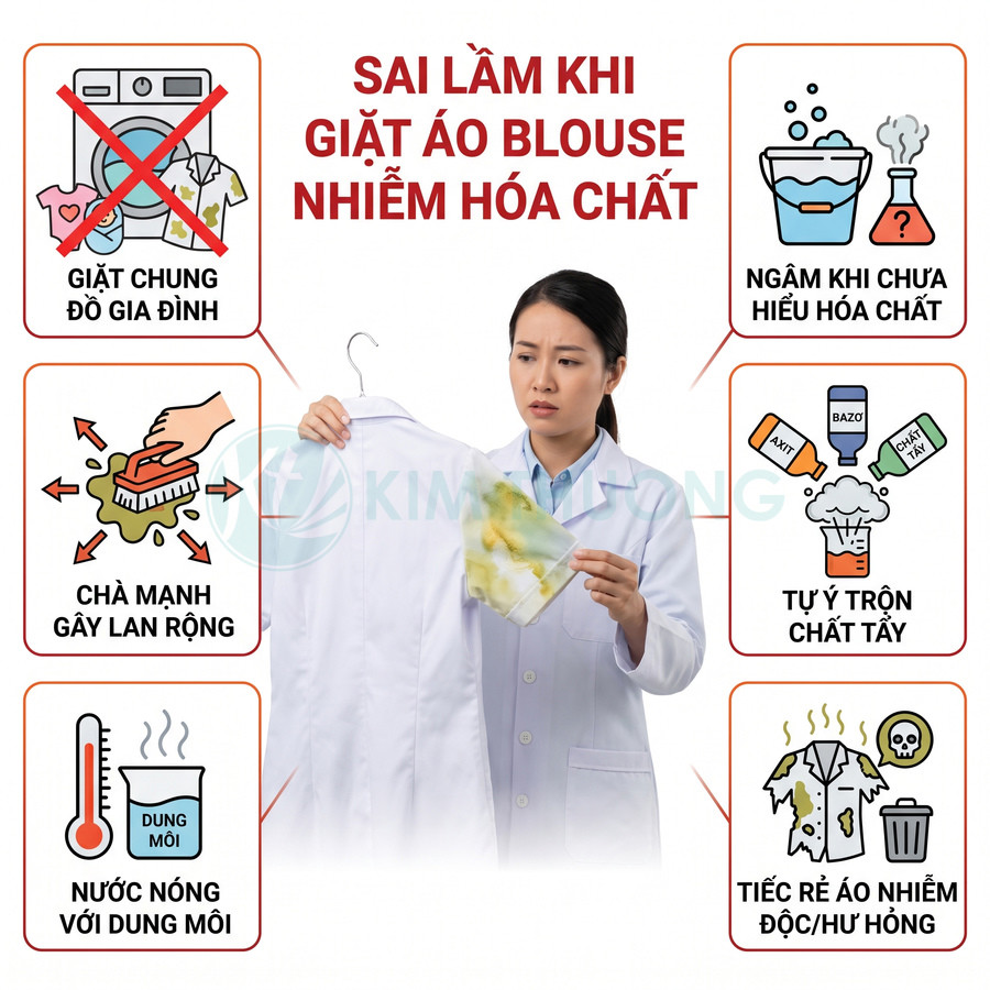 Người phụ nữ mặc áo blouse kiểm tra vết hóa chất trên áo, kèm hướng dẫn các lỗi cần tránh khi giặt áo nhiễm hóa chất