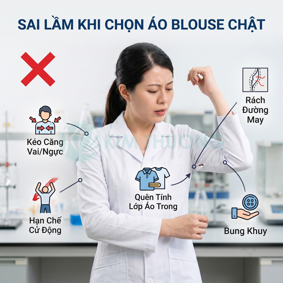 Nữ nhân viên y tế khó chịu vì áo blouse trắng quá chật gây căng vai ngực và rách đường may