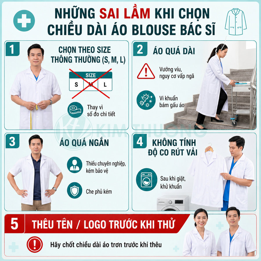 Những sai lầm khi chọn chiều dài áo blouse bác sĩ, minh họa các lỗi size, áo quá dài, quá ngắn và co rút vải