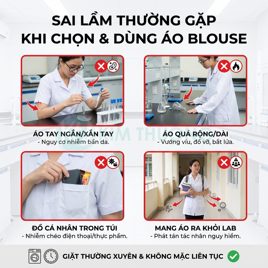 Áo blouse phòng thí nghiệm với các lỗi mặc tay ngắn, áo quá rộng, để đồ cá nhân trong túi và mang ra ngoài lab