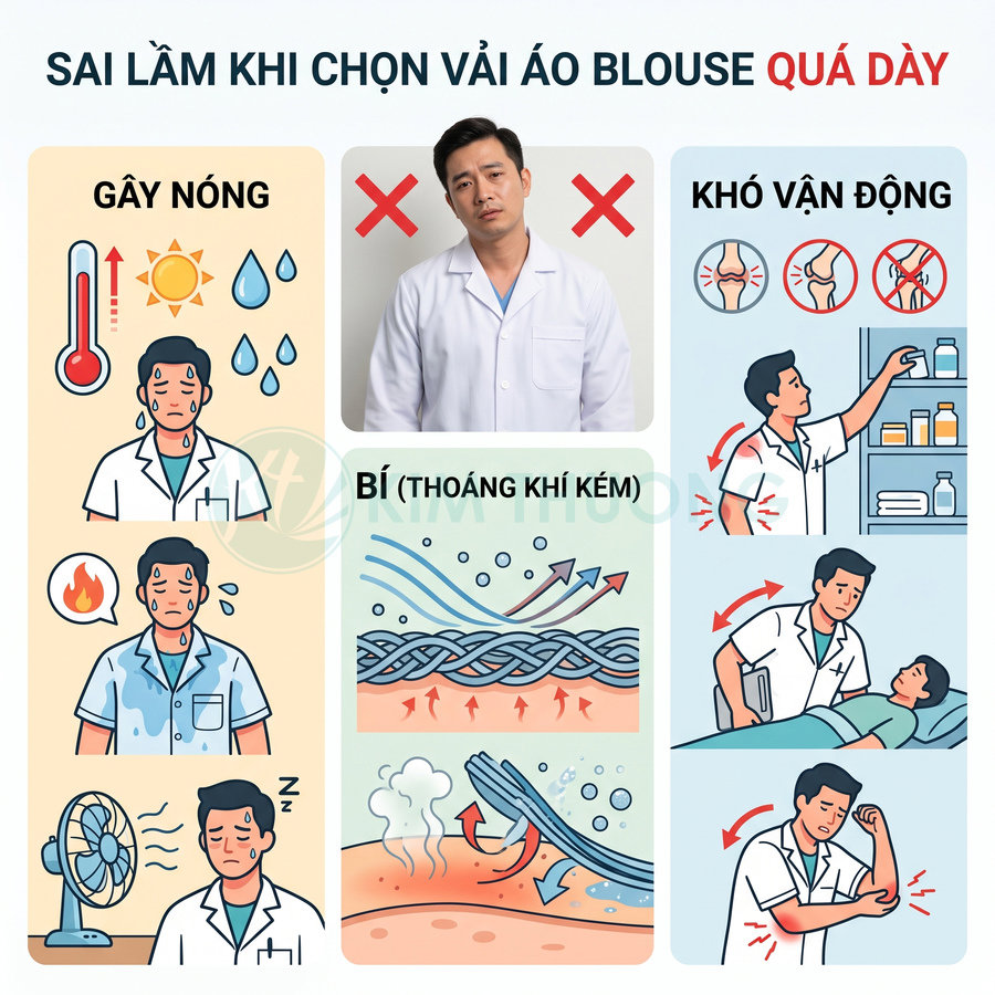 Ảnh minh họa bác sĩ mặc áo blouse quá dày gây nóng, bí mồ hôi và khó vận động khi làm việc