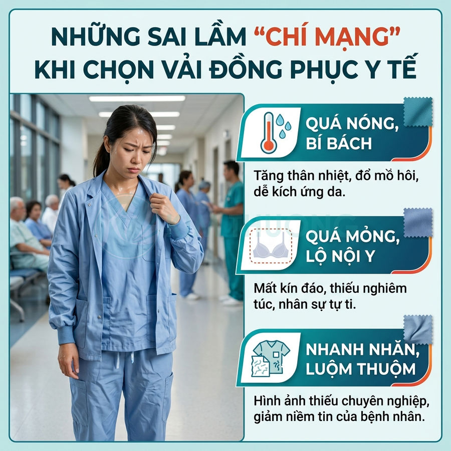 Nữ nhân viên y tế mặc đồng phục màu xanh nhăn nhúm, khó chịu vì vải quá nóng và mỏng trong hành lang bệnh viện
