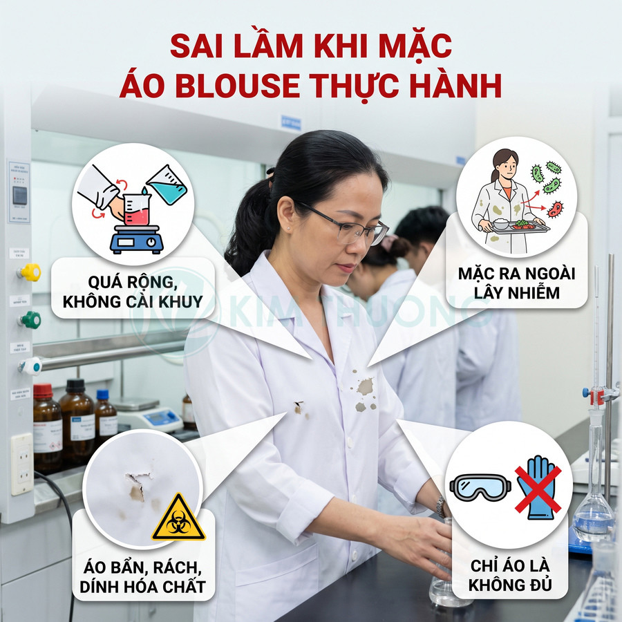Sai lầm khi mặc áo blouse thực hành trong phòng thí nghiệm, áo bẩn rách và không đủ bảo hộ an toàn