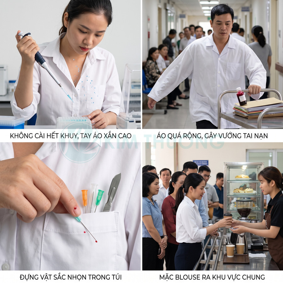 Nhân viên y tế mặc áo blouse sai quy định trong phòng thí nghiệm, hành lang bệnh viện và khu vực căng tin