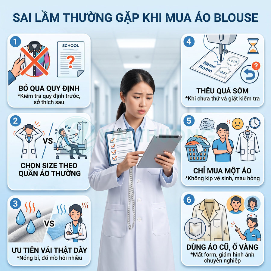 Bác sĩ nữ mặc áo blouse trắng cầm tablet, minh họa các sai lầm thường gặp khi mua áo blouse y khoa