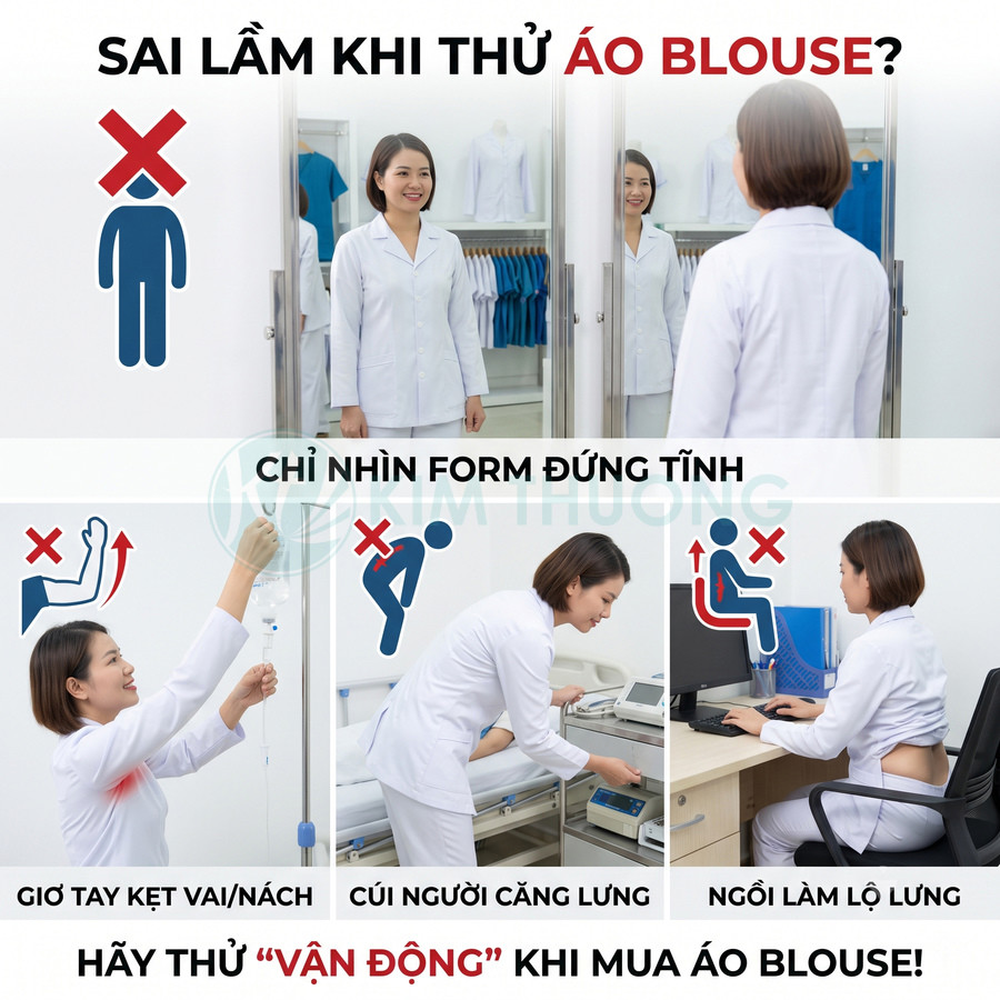Nữ nhân viên y tế mặc áo blouse trắng thử áo khi đứng, giơ tay, cúi người và ngồi làm việc để kiểm tra độ vừa vặn